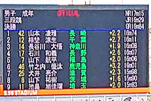 第73回 国民体育大会 ⻑⾕川⼤悟選⼿ 結果を写す電光掲示板